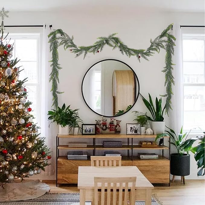 Artificial Christmas Garland Decoration 5.9 Ft Norfolk Pine Garland Winter Garland for Fireplace Stairs Cabinet Home Table Outdoor Snow Style Decor (1 Pc)