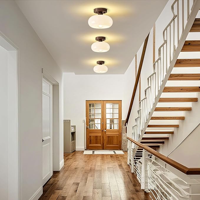 Mid-Century Modern Semi Flush Mount Ceiling Light, Faux Walnut Wood Kitchen Light Fixtures with Glass Shade, Mini White Close to Ceiling Lamp for Entryway Hallway Bathroom (8.66 Inch)