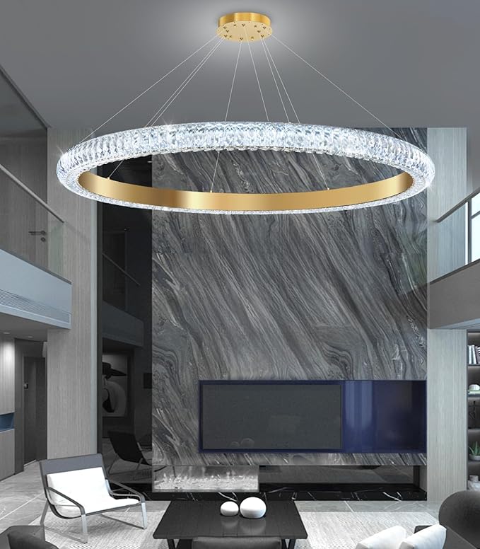 40" 1 Ring Crystal Chandelier Modern LED Dimmable Ring Pendant Light Chandelier for Dining Room Living Room Gold