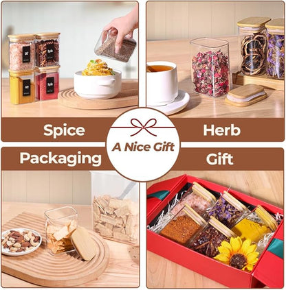 Comsaf Spice Jars with Label，8 oz Small Glass Jars with Lids, 6 Pcs Seasoning Containers, Rectangle Glass Containers with Lids, Empty Seasoning Jars for Pantry Storage, Loose Tea, Herbs, Powders, Salt
