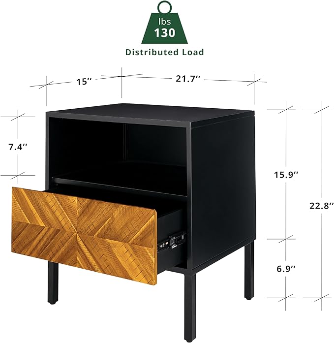 Bme Vivian Solid Wood Nightstand, End Table, Bedside Table with Herringbone Pattern for Rustic Bedroom, Easy Assembly, Rustic Golden Brown and Black