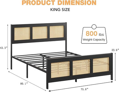 GarveeHome King Size Rattan Bed Frame with Headboard, Black Boho Cane Platform Bed Frame with Strong Metal Slat, Noise Free, No Box Spring Needed