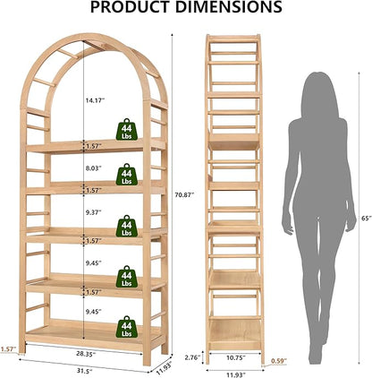 5-Tier Solid Wood Open Bookcase, Modern Arched Bookshelf, Home Office Shelf Storage Organizer, Storage Display Rack Shelf for Living Room (Natural)