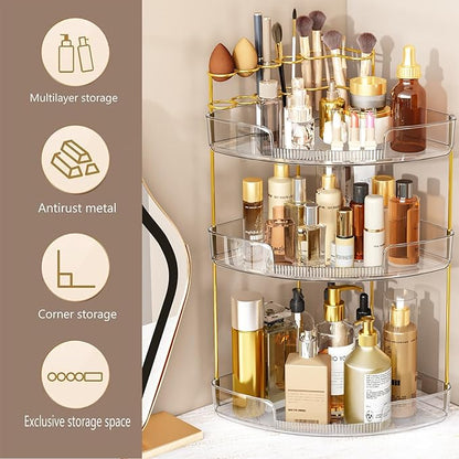 FELIZHOUSE 3-Tier Makeup Organizer for Vanity & Bathroom Countertop – Acrylic Storage Shelf with Perfume Makeup Brush Holder, Tool-Free Installation, Design for Bathroom & Dresser - Grey