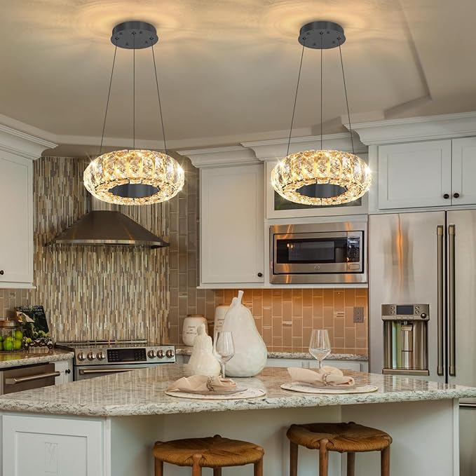 8" Ring Modern LED Dimmable Crystal Chandelier Adjustable Height Pendant Light Round Crystal Chandelier Light Fixtures for Dining Room Living Room Kitchen Island Black