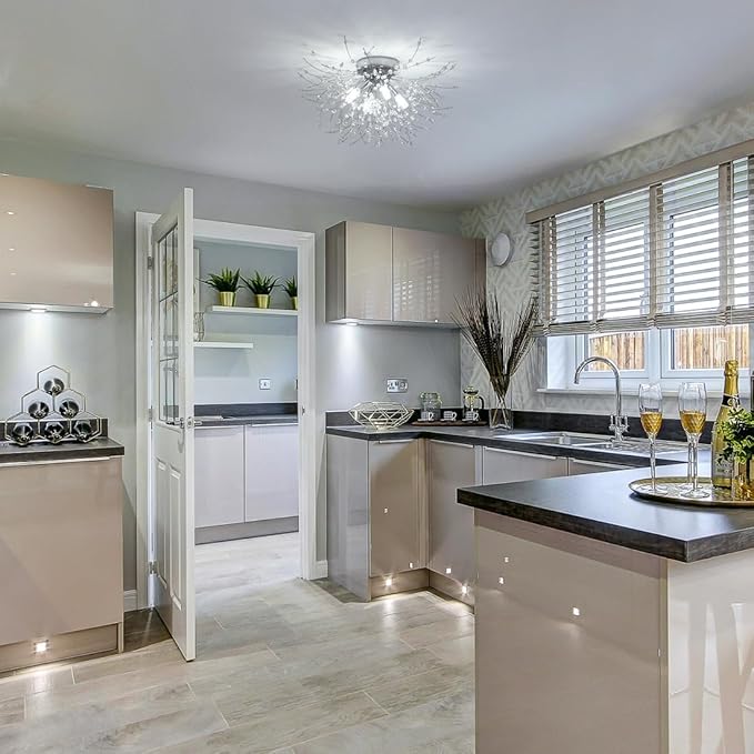 HMVPL Chrome Crystal 4-Light Mini Firework Ceiling Light Fixture, Modern Sputnik Chandelier, Suitable for Bedroom, Kitchen, Hallway, Closet, Dining Room