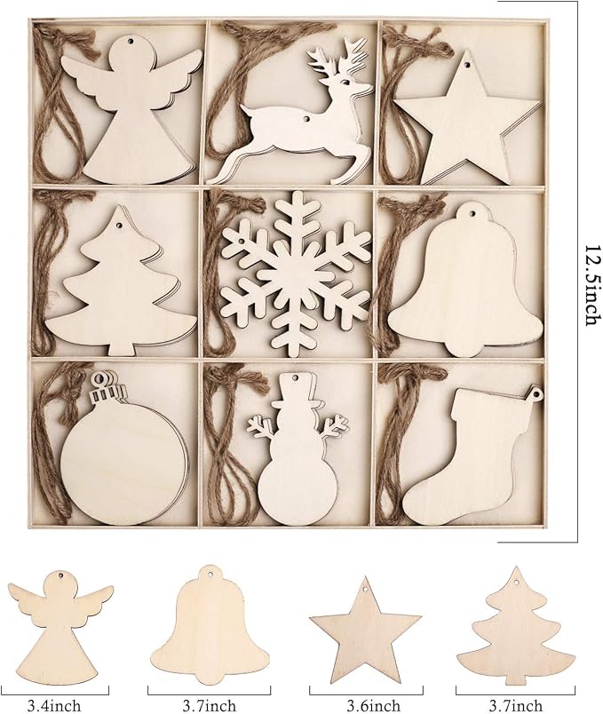 MACTING 27PCS Wooden Christmas Ornaments Unfinished Predrilled Natural Wood Slices DIY Blank Hanging Ornaments Kit for Crafts Centerpieces Christmas Tree Decorations, 9 Styles