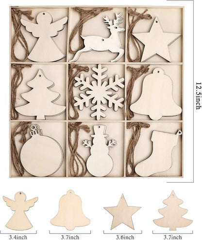 MACTING 27PCS Wooden Christmas Ornaments Unfinished Predrilled Natural Wood Slices DIY Blank Hanging Ornaments Kit for Crafts Centerpieces Christmas Tree Decorations, 9 Styles