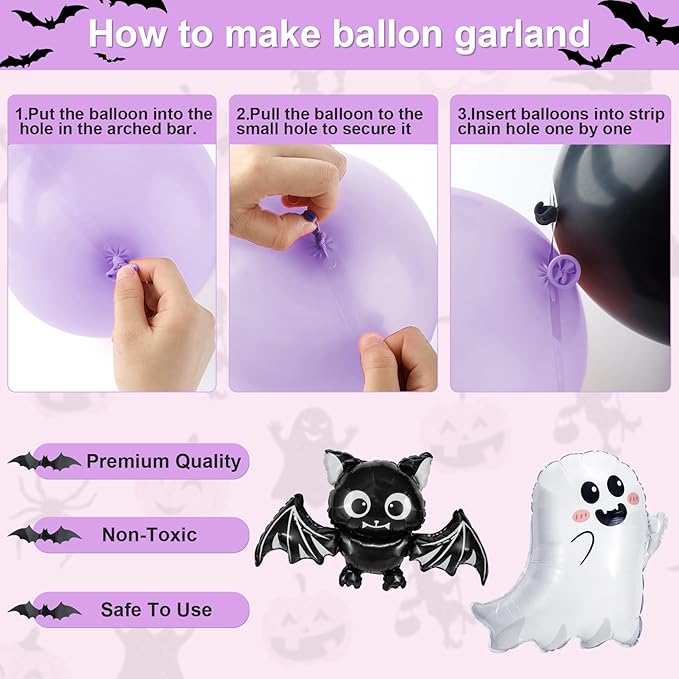 Amandir Pastel Pink Purple Halloween Birthday Party Decorations, Happy Boo Day Glitter Banner Halloween Balloon Arch Garland kit Foil Bat Ghost Balloons Cake Toppers for Kids Girl Spooky Baby Shower