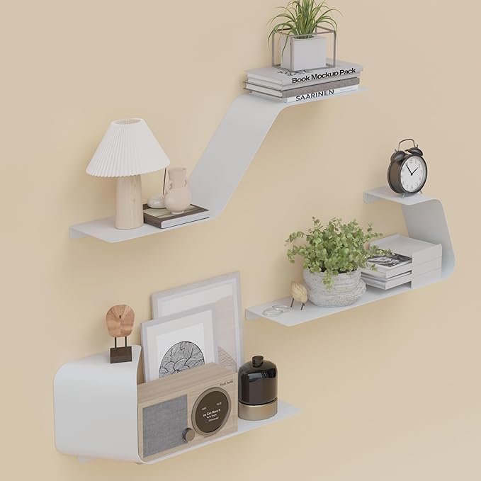 Floating Shelves - Set of 3 Wall Mounted Metal Shelves with Unique Design for Wall Storage, Book Shelf, Display Shelves for Bathroom, Bedroom, Kitchen, Living Room, White