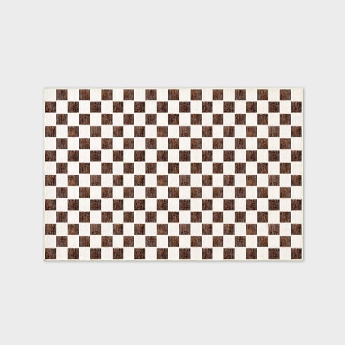 EVERGRACE Checkered Plaid Area Rug 5x7, Soft Fuzzy Faux Wool Rugs Washable Anti Slip Rugs Large Rug for Entryway Bedroom Living Room Hallway Kitchen Dining Room and Laundry Room, Dark Brown and White