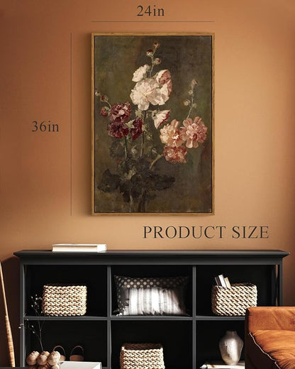 ARPEOTCY Large Framed Canvas Wall Art, Moody Hollyhocks Pictures Decor, 24x36Inch, Bathroom Kitchen Bedroom Vintage Floral Picture Decor, French Country Farmhouse Dark Art