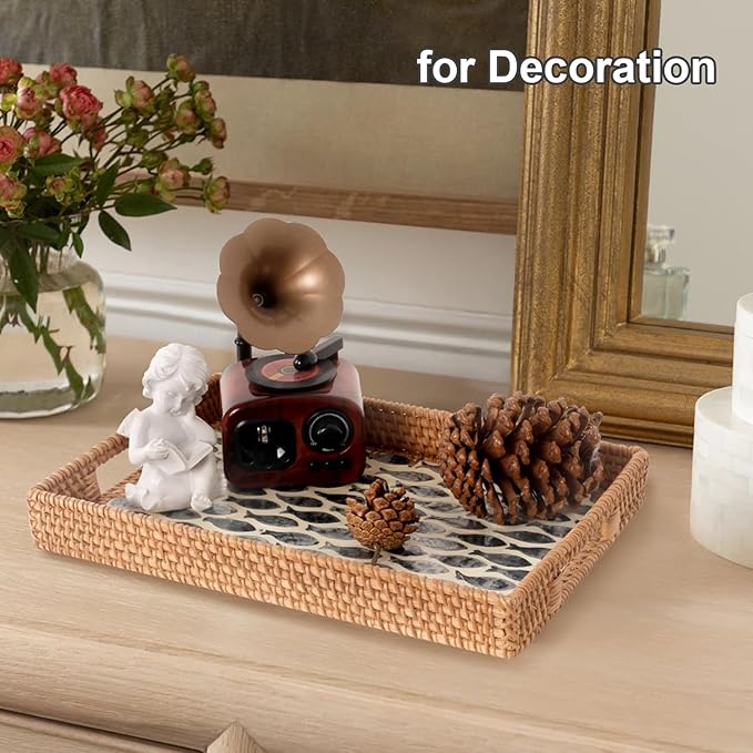 Rectangle Rattan Tray with Mother of Pearl Inlay, Rattan Serving Tray with Handle for Coffee, Bread, Fruits, Snacks, Decorative Wicker Tray for Table Decor (Rectangle Dark Blue Fish, 13"×9")