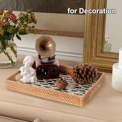 Rectangle Rattan Tray with Mother of Pearl Inlay, Rattan Serving Tray with Handle for Coffee, Bread, Fruits, Snacks, Decorative Wicker Tray for Table Decor (Rectangle Dark Blue Fish, 13"×9")