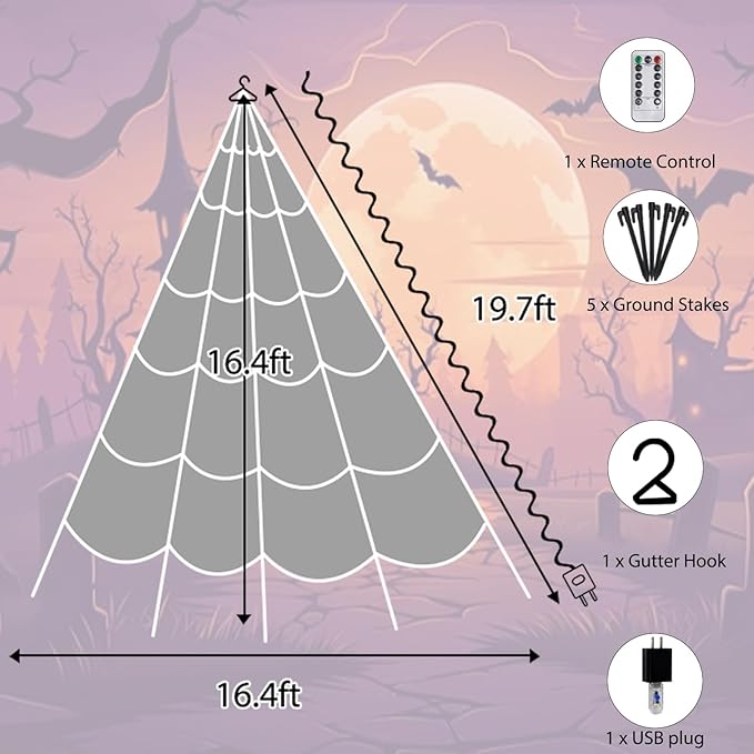 Halloween Decorations Outdoor, Spider Web Lights 250 LED Lighted Spider Web 16.4Ft Giant Halloween Decorations Light up, 8 Lighting Modes Waterproof & Timer for Indoor Haunted House Yard Decor, Purple