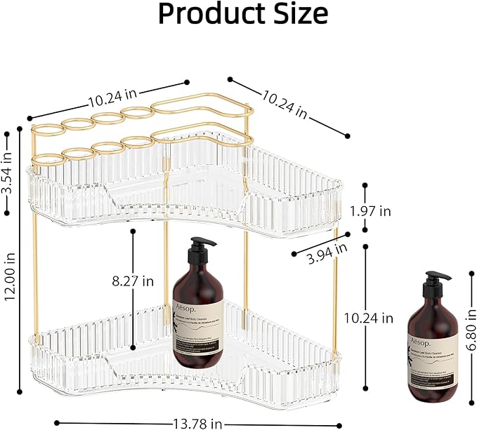 Makeup Organizer Countertop 2 Tier, Corner Bathroom Countertop Organizer with Toothbrush and Makeup Brush Holder, Corner Vanity Skincare Organization