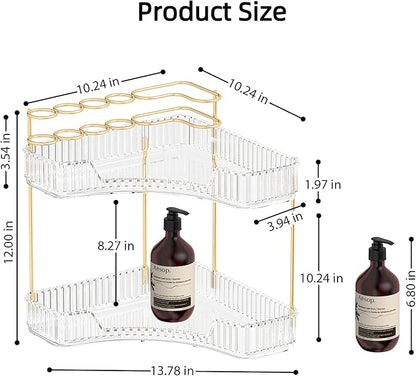 Makeup Organizer Countertop 2 Tier, Corner Bathroom Countertop Organizer with Toothbrush and Makeup Brush Holder, Corner Vanity Skincare Organization