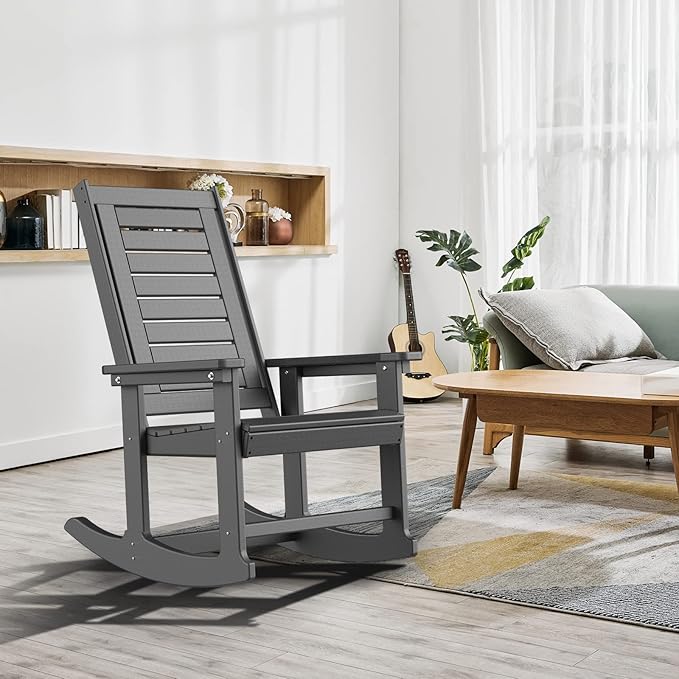 GREENVINES Outdoor Rocking Chairs | Set of 2 | Porch Rocker | HDPE Plastic | Grey | Oversized Rockers | High Back | Big & Tall | Ladder Back | for Patio Outside Backyard Balcony Garden