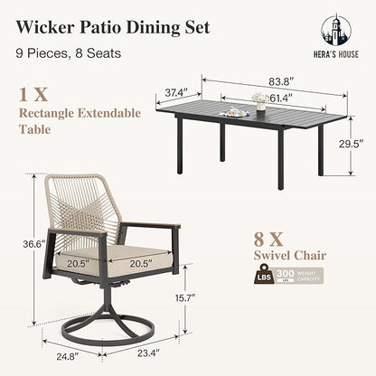 HERA'S HOUSE 9 Pieces Patio Table and Chairs Set, Outdoor Dining Set for 8, 8 x Cushioned Swivel Chairs and 1 x Extendable Dining Table, Patio Dining Set for Lawn Garden Backyard