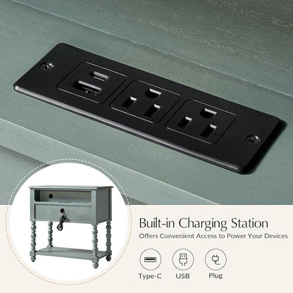 HULALA HOME Farmhouse Storage End Table with 2 Drawers and Open Shelf, Solid Wood Side Table with Spindle Legs, Nightstand with Charging Station (Blue)