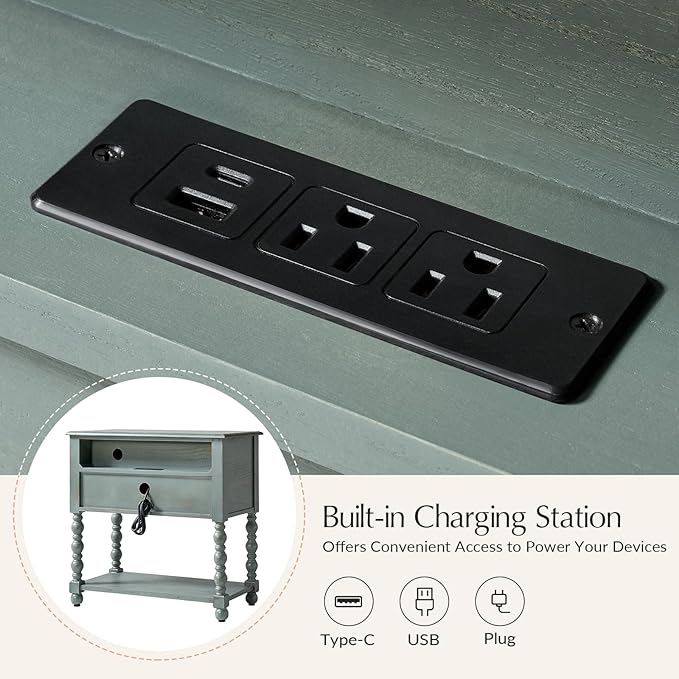 HULALA HOME Farmhouse Storage End Table Set of 2 with 2 Drawers and Open Shelf, Solid Wood Side Table with Spindle Legs, Nightstand with Charging Station (Blue)