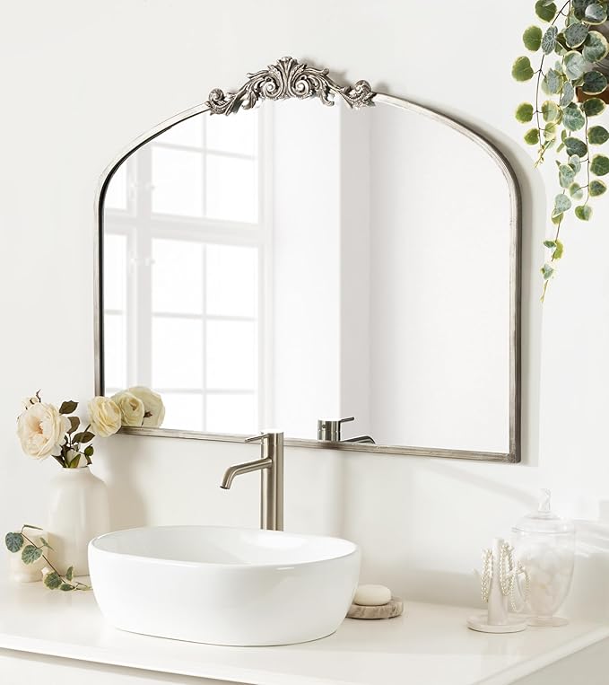 Kate and Laurel Arendahl Ornate Traditional Arched Mirror; 36 x 29; Silver; Decorative Baroque Style Arched Wall Mirror with Wide Frame and Crown