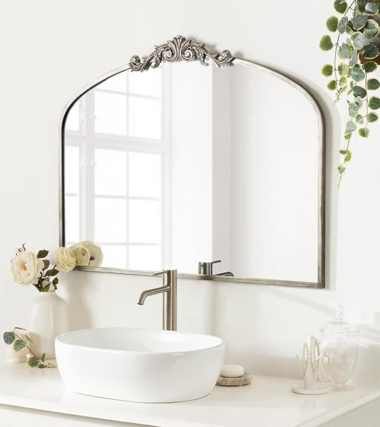 Kate and Laurel Arendahl Ornate Traditional Arched Mirror; 36 x 29; Silver; Decorative Baroque Style Arched Wall Mirror with Wide Frame and Crown