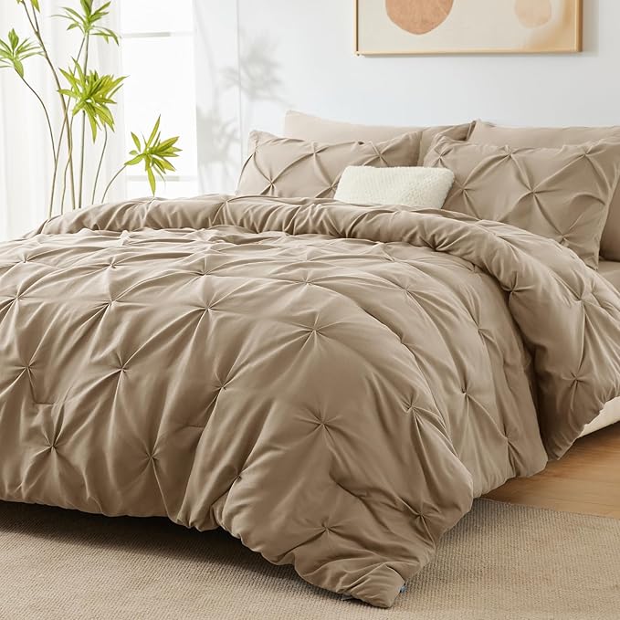CozyLux Full Size Comforter Sets Taupe, 7 Pieces Pintuck Bed in A Bag Taupe Comforter Full Size, Pinch Pleat Bedding Sets with All Season Comforter, Sheets, Pillowcases & Shams