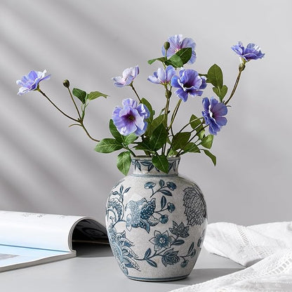 SIDUCAL Ceramic Chinoiserie Floral Vase | 6.3 Inch Blue and White Vintage | Retro Ice Cracked Blue and White Porcelain Vase for Table, Living Room, Bathroom Decoration, Shelf Decor, Mantel