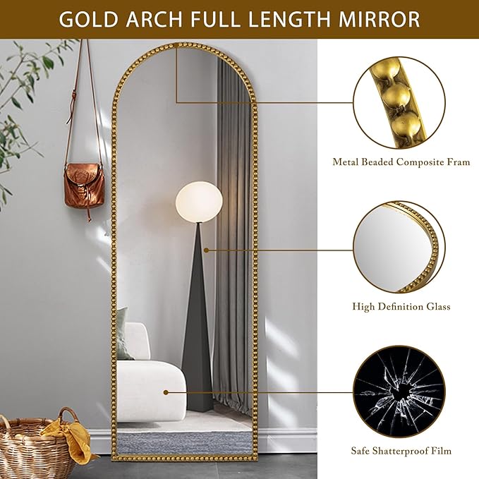 Arch Full Length Mirror with Stand, 65"x22" Floor Standing Large Dressing Standing Mirror Hanging or Leaning Against Wall for Bedroom Living Room, Antique Gold