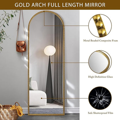Arch Full Length Mirror with Stand, 65"x22" Floor Standing Large Dressing Standing Mirror Hanging or Leaning Against Wall for Bedroom Living Room, Antique Gold