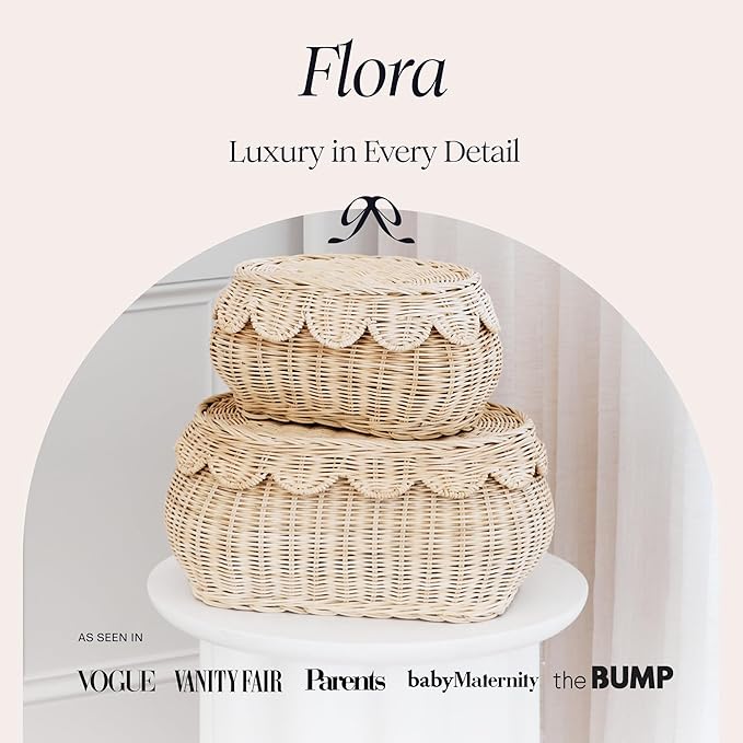 BEBE BASK The Original Scalloped Basket Set Of 2 – Small Scallop Basket - 15 x 10 x 6 In - Hand-Woven & Award-Winning - Elegant Wicker With Scalloped Edge Lid - Nursery Storage - (Natural)