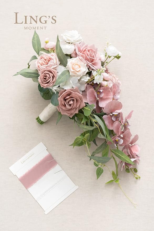 Ling's moment Dusty Rose Bridal Bouquet Cascading, Pink Wedding Bouquets for Bride, 15 Inch Bride Bouquet Orchids Artificial Wedding Flower Bouquet