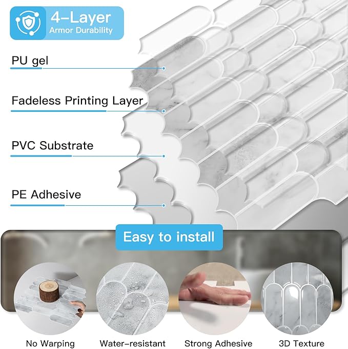 Art3d 12 x 12 Inch Heavy-Duty Peel and Stick Backsplash, Self-adhesive Wall Tiles for Kitchen Bathroom Decor, 10-Pack Gray Marble