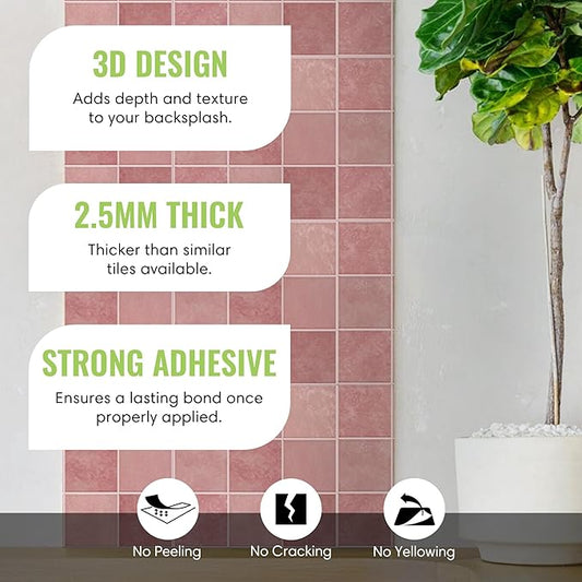 5 Pack Peel and Stick Backsplash Square Tiles, Extra Thick 3D Wall Panels, Heat & Water Resistant, Easy DIY Kitchen, Bathroom, Laundry, Fireplace & Rental Home Wall Décor (12 x 12 in), Pink