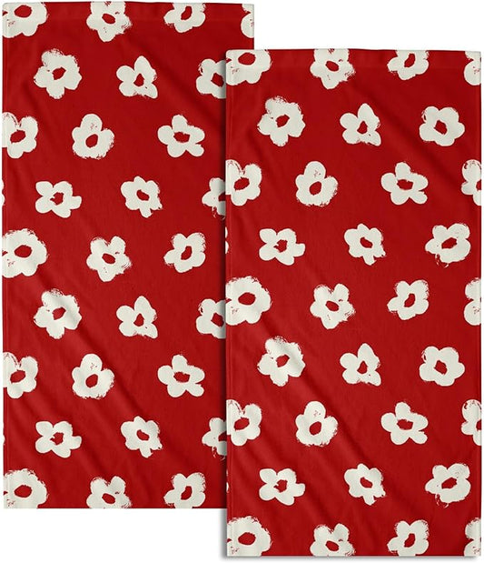 Modern Style Kitchen Dish Towels Set of 2 Red Floral Absorbent Tea Towels, Red Flower