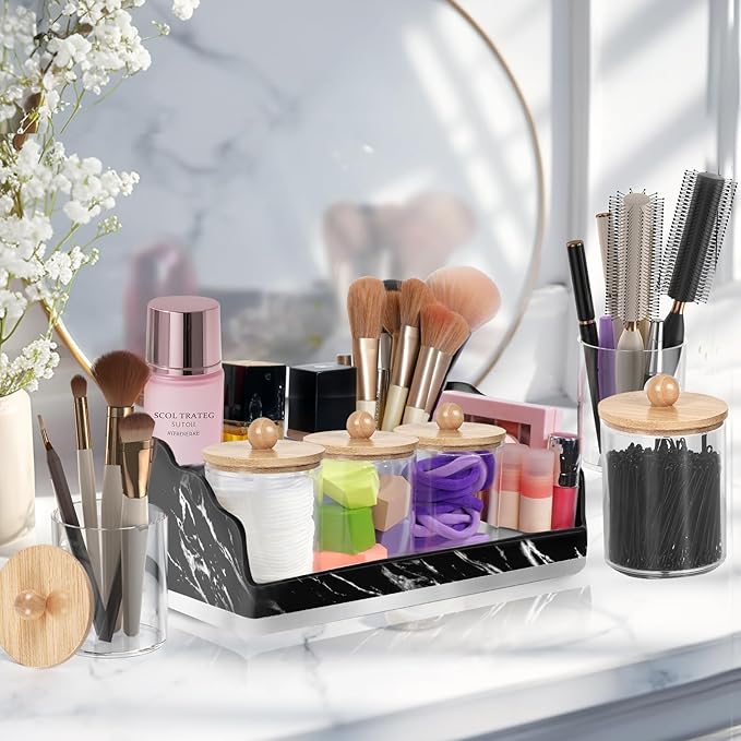 Marble Bathroom Countertop Organizer, Toothbrush Holders for Bathroom with 3PCS Qtip Holder Dispenser and Toothpaste Holder Drainage for Bathroom Accessories Organization Counter Vanity Storage