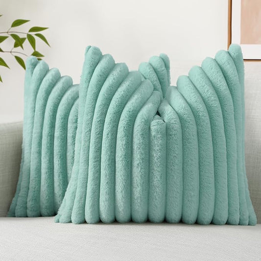 decorUhome Faux Fur Throw Pillow Covers 20x20 Set of 2, Decorative Soft Plush Striped Neutral Euro Pillow Covers with Velvet Back for, Bed, Living Room Home Decor, Aqua