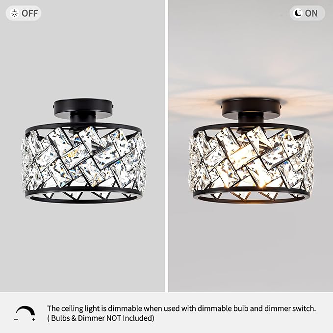 Crystal Ceiling Light Fixture, Modern Semi Flush Mount Ceiling Light,Crystal for Kitchen Bedroom Bathroom Entryway, Black Finish