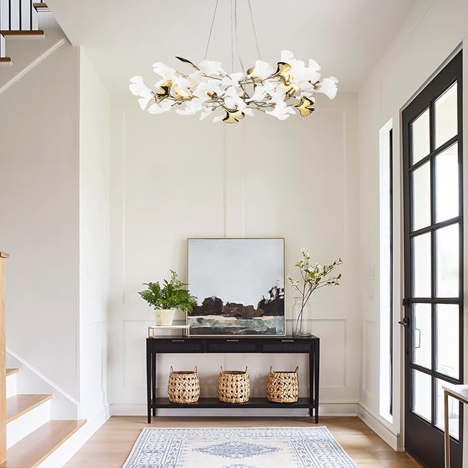 Gold Leaf Chandelier 31.5 Inch, Modern Brass Chandeliers Light,Ginkgo Chandelier for Living Room 5 Light Hanging Round Light Fixture 48 Leaves