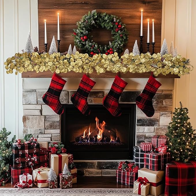 3 Pcs 6FT Christmas Garland Gold Glittered Artificial Eucalyptus Leaves for Mantle Christmas Tree Decorations Hanging Garland Ornaments Garden Table Shelf Door Window Wall Stair Holiday Home Decor