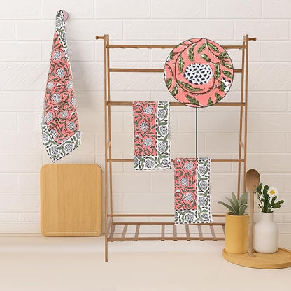 Ridhi Dark Salmon Pink Hand Block Print Waffle Kitchen Towel Set of 3-16 x28 Ultra Absorbent Quick Dry 100% Cotton Dish Towels Lightweight Reusable Sustainable Tea Towels for Cleaning and Drying