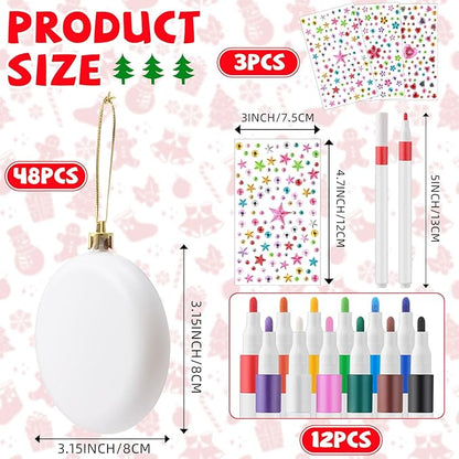Syhood 48 Pcs 3.15'' DIY Christmas Blank White Ball Ornaments Set Plastic Matte Flat Discs Ornaments DIY Xmas Tree Decoration with Acrylic Paint Markers Gems Stickers for Crafts Party Decor