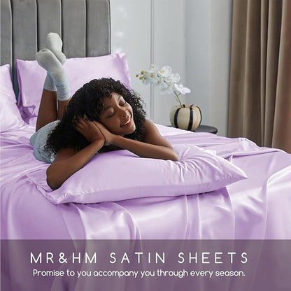 MR&HM Satin Bed Sheets with Elastic Corner Straps, Full Size Sheets Set, 4 Pcs Silky Bedding Set with 15 Inches Deep Pocket for Mattress (Full, Lilac)