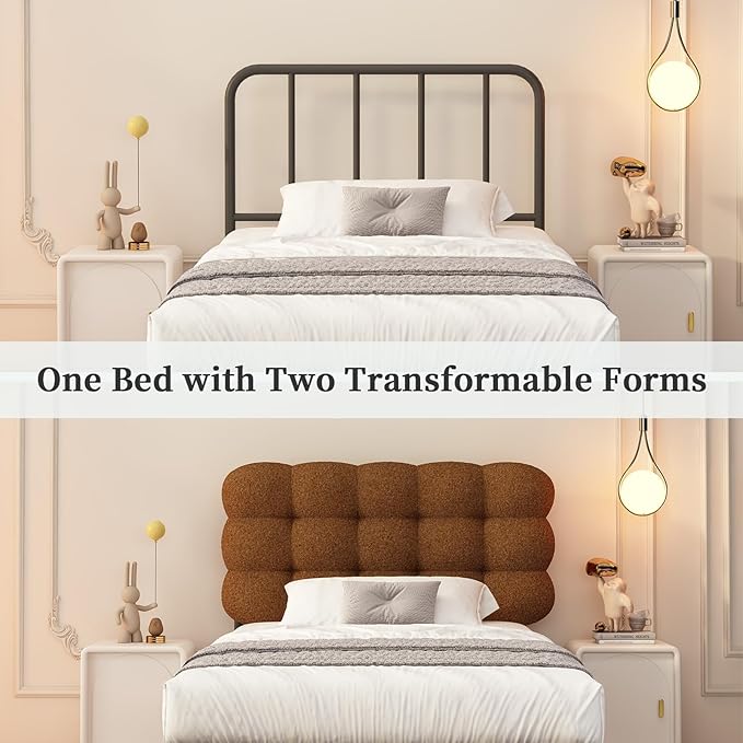 BarnFurin Twin Bed Frame with Upholstered Headboard, Teddy Soft Boucle Fabric, Platform Bed with Strong Wooden Slats Support, Two Bed Forms Design, No Boxing Spring Needed, Easy Assembly, Brown