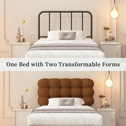 BarnFurin Twin Bed Frame with Upholstered Headboard, Teddy Soft Boucle Fabric, Platform Bed with Strong Wooden Slats Support, Two Bed Forms Design, No Boxing Spring Needed, Easy Assembly, Brown