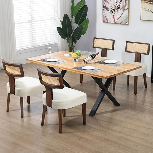 Upholstered Rattan Dining Chairs Set of 4, Mid-Century Modern Fabric Dining Room Chair with Brown Hardwood Frame, Curved Backrest Kitchen Chairs for Living Room (Cream)