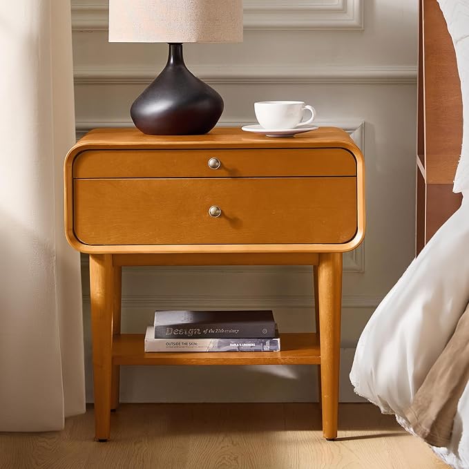 HULALA HOME Nightstand with Pull-Out Shelf, Mid Century Modern End Table with Storage Drawer, Charging Station, Solid Wood Legs, Acorn