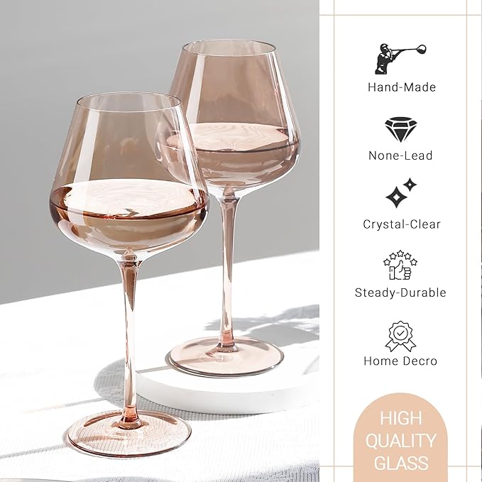 Physkoa Peach Burgundy Wine Glasses Set of 6 – Hand Blown Long Stem Wine Glasses, Lead-Free Crystal Goblets for Red & White Wine, Elegant Party Glassware for Home & Entertaining