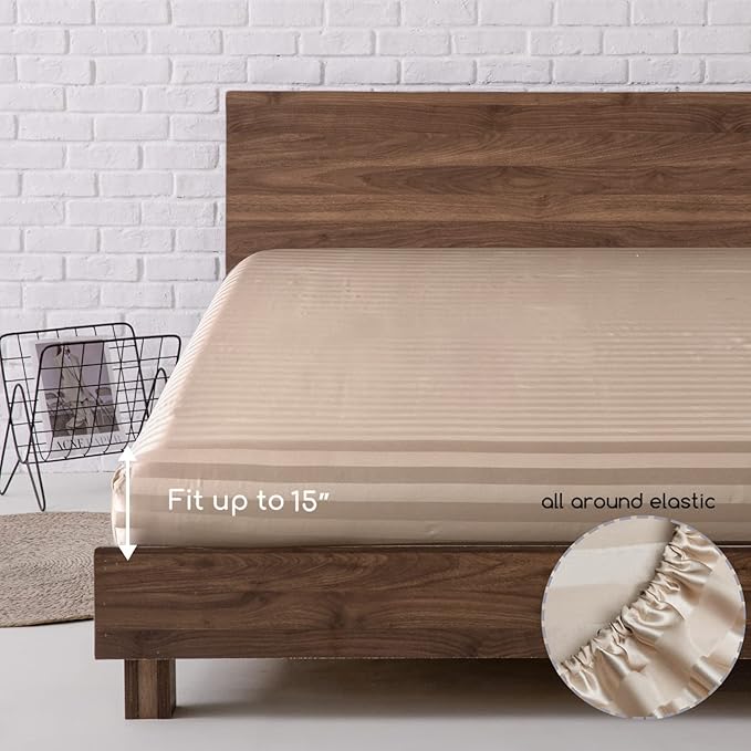 MR&HM Satin Bed Sheets, King Size Sheets Set, 4 Pcs Silky Bedding Set with 15 Inches Deep Pocket for Mattress (King, Champagne Striped)